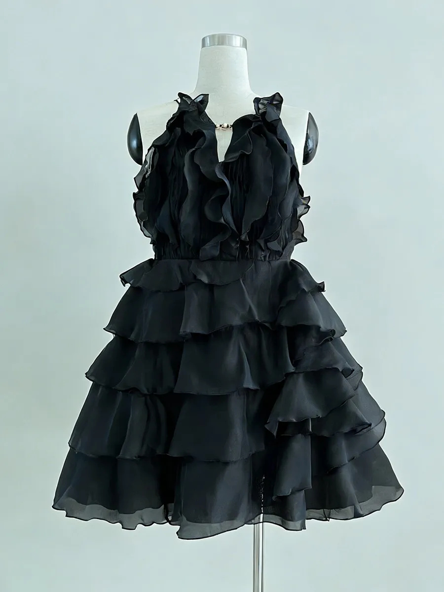 TWOTWINSTYLE Fashion Slimming Spliced Ruffles Mini Dresses F or Women Round Neck Sleeveless High Waist Casual Dress Female New