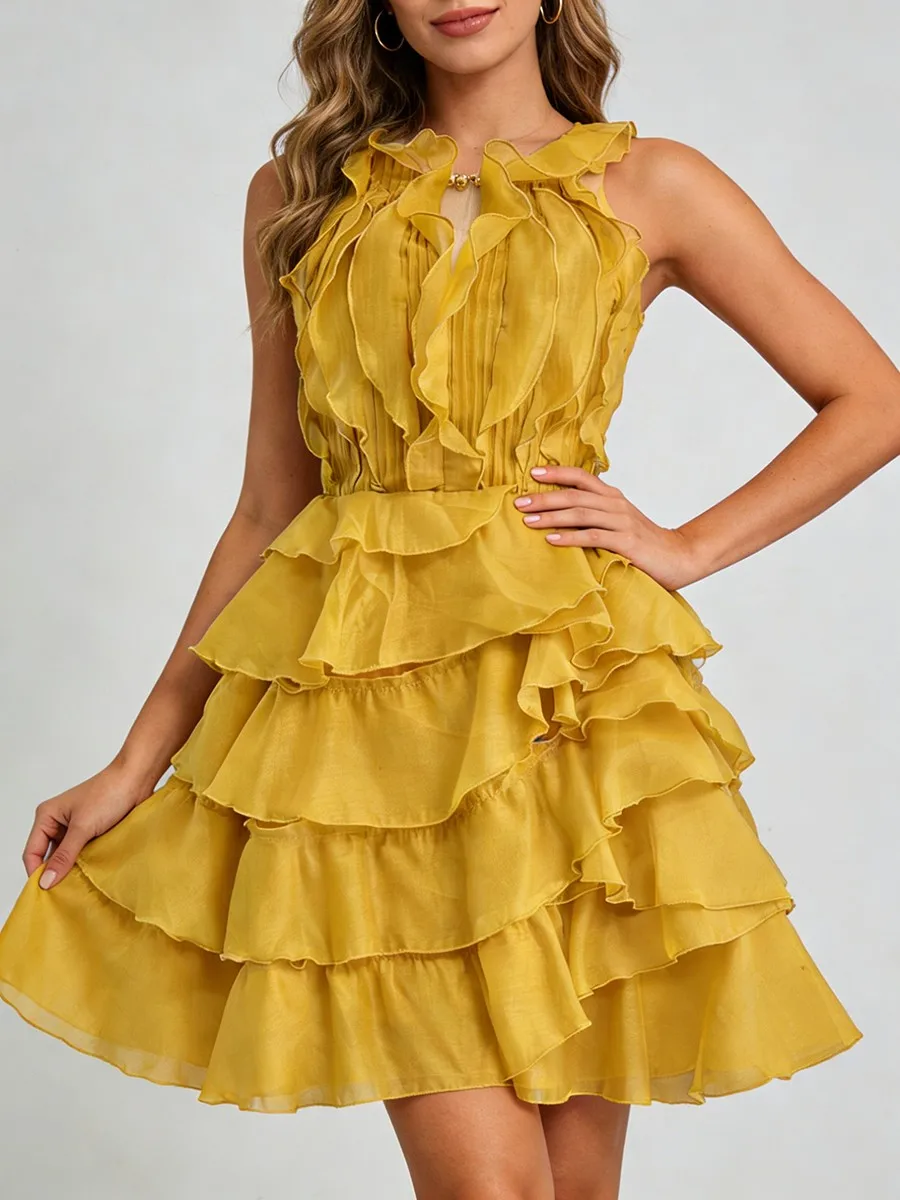 TWOTWINSTYLE Fashion Slimming Spliced Ruffles Mini Dresses F or Women Round Neck Sleeveless High Waist Casual Dress Female New