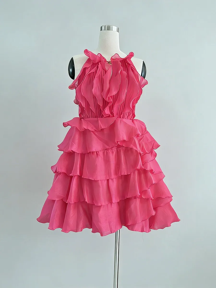 TWOTWINSTYLE Fashion Slimming Spliced Ruffles Mini Dresses F or Women Round Neck Sleeveless High Waist Casual Dress Female New