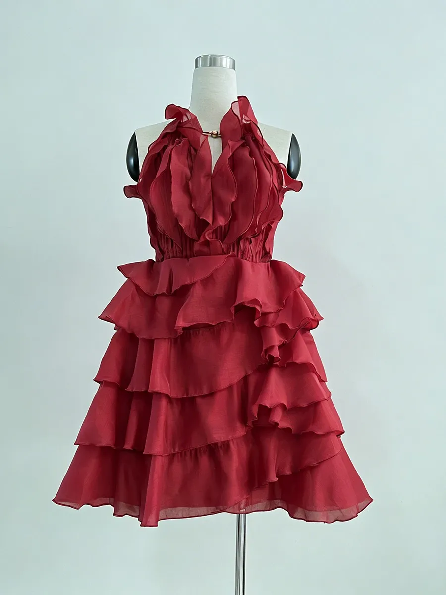 TWOTWINSTYLE Fashion Slimming Spliced Ruffles Mini Dresses F or Women Round Neck Sleeveless High Waist Casual Dress Female New
