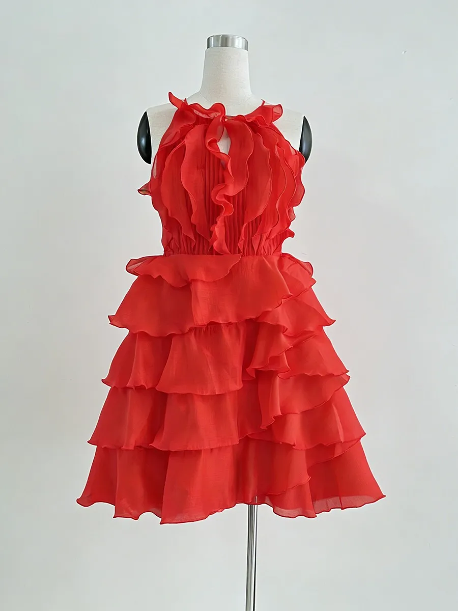 TWOTWINSTYLE Fashion Slimming Spliced Ruffles Mini Dresses F or Women Round Neck Sleeveless High Waist Casual Dress Female New