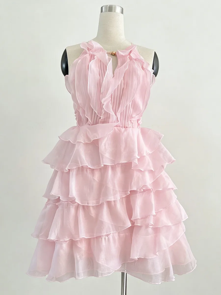 TWOTWINSTYLE Fashion Slimming Spliced Ruffles Mini Dresses F or Women Round Neck Sleeveless High Waist Casual Dress Female New