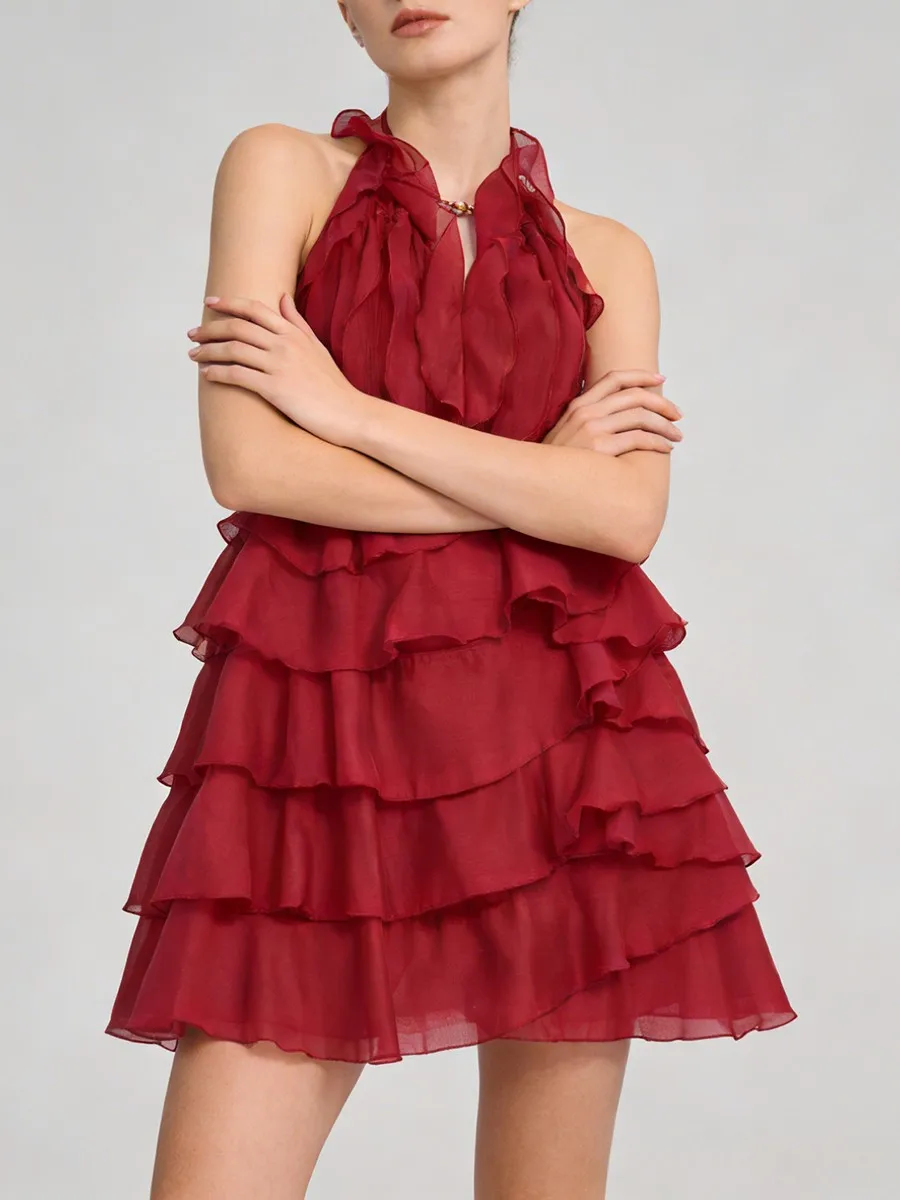 TWOTWINSTYLE Fashion Slimming Spliced Ruffles Mini Dresses F or Women Round Neck Sleeveless High Waist Casual Dress Female New