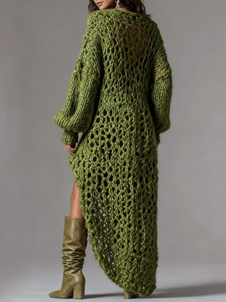 V-Neck Rib Knitted Dress Hollow Out Loose Fit Mini Skirt Asymmetrical Hem Street Style Sexy Trendy Women's Fashion Party Dresses