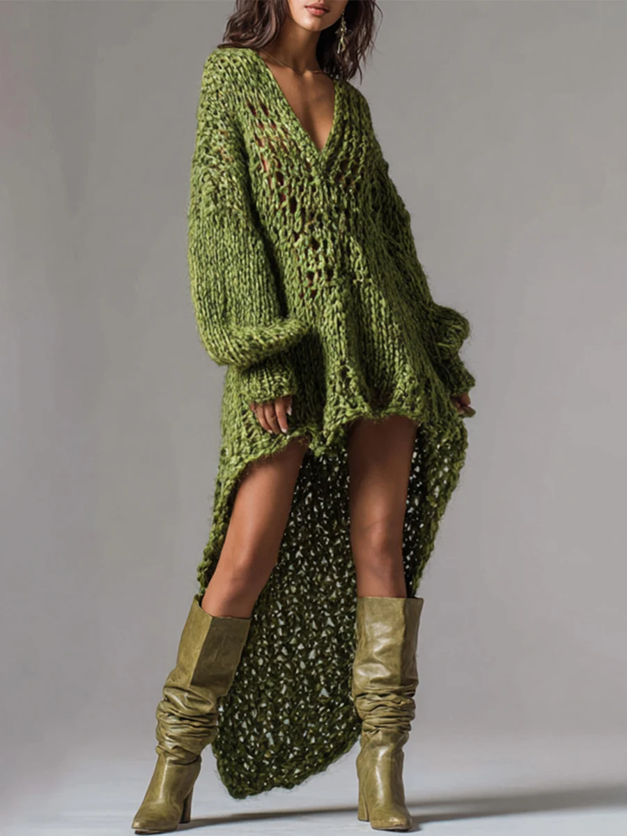 V-Neck Rib Knitted Dress Hollow Out Loose Fit Mini Skirt Asymmetrical Hem Street Style Sexy Trendy Women's Fashion Party Dresses