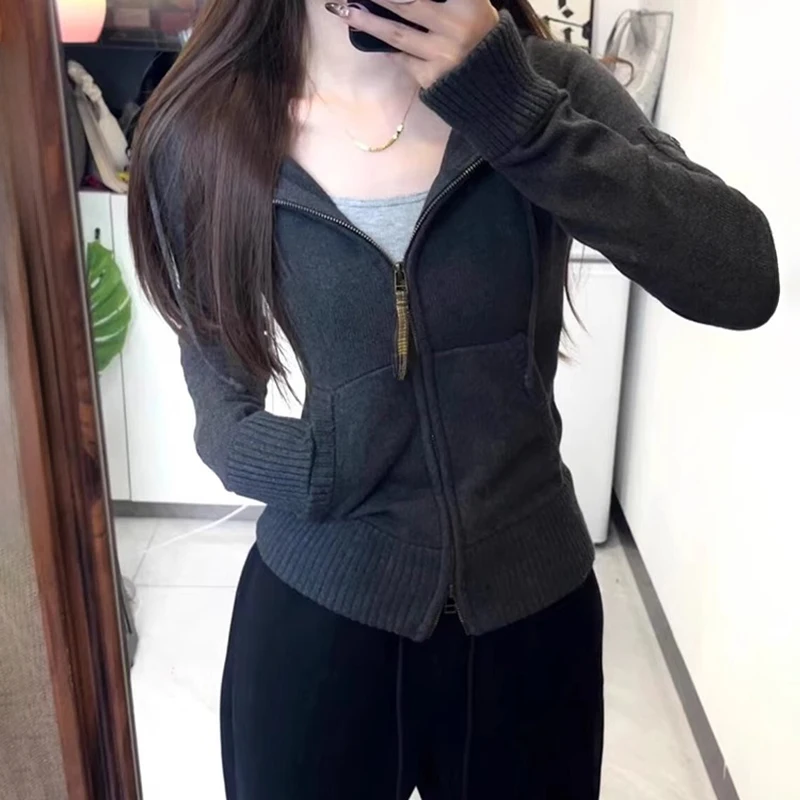 Korean Stretch Slimming Hooded Cardigan Women Retro Versatile Double Zip Up Hoodies Jacket Autumn Casual Warm Knitted Cardigans