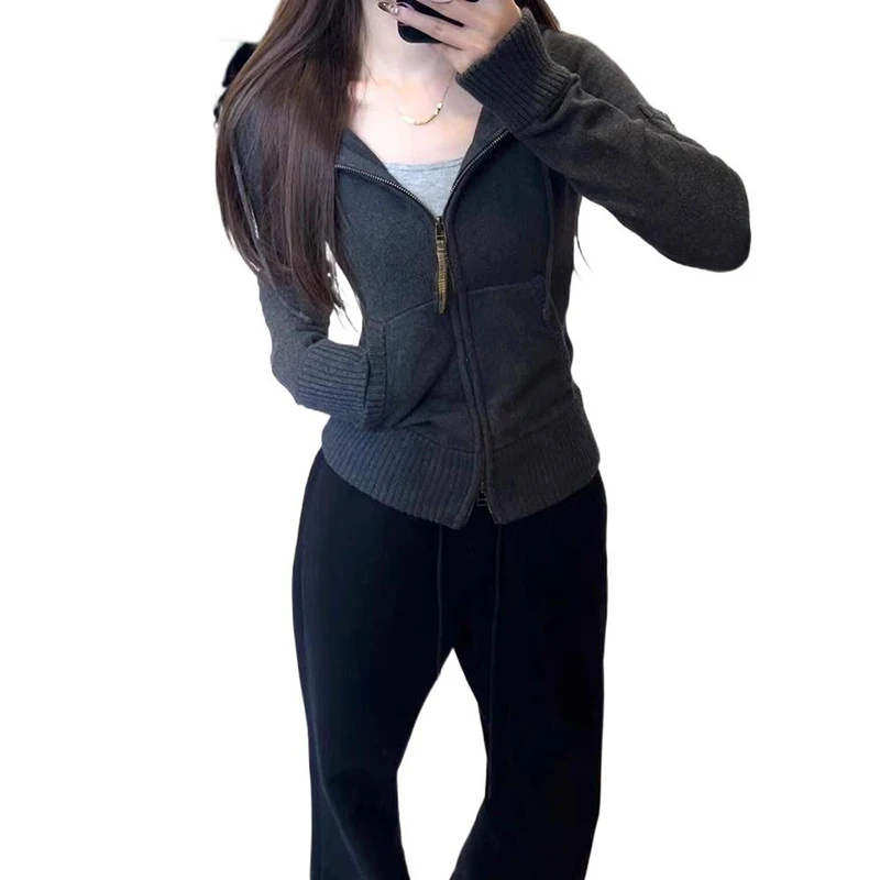 Korean Stretch Slimming Hooded Cardigan Women Retro Versatile Double Zip Up Hoodies Jacket Autumn Casual Warm Knitted Cardigans