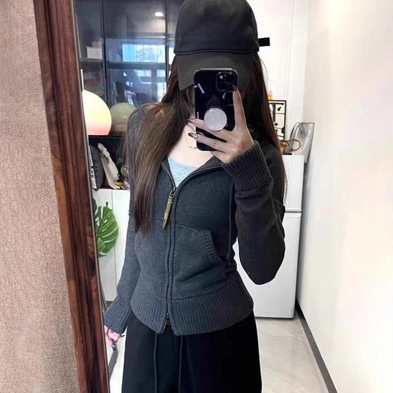 Korean Stretch Slimming Hooded Cardigan Women Retro Versatile Double Zip Up Hoodies Jacket Autumn Casual Warm Knitted Cardigans