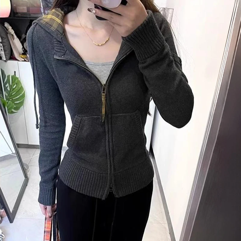 Korean Stretch Slimming Hooded Cardigan Women Retro Versatile Double Zip Up Hoodies Jacket Autumn Casual Warm Knitted Cardigans