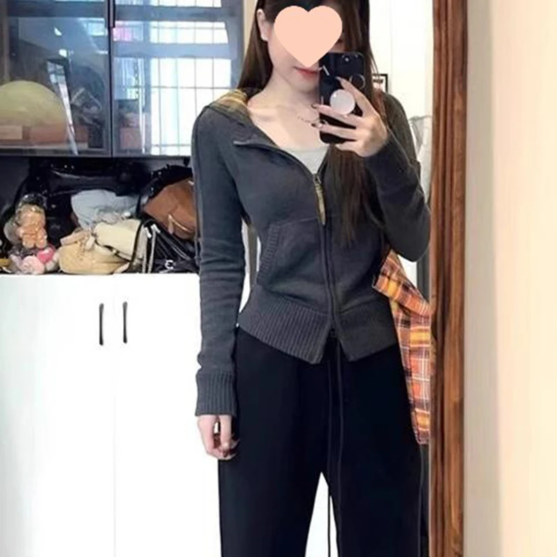 Korean Stretch Slimming Hooded Cardigan Women Retro Versatile Double Zip Up Hoodies Jacket Autumn Casual Warm Knitted Cardigans