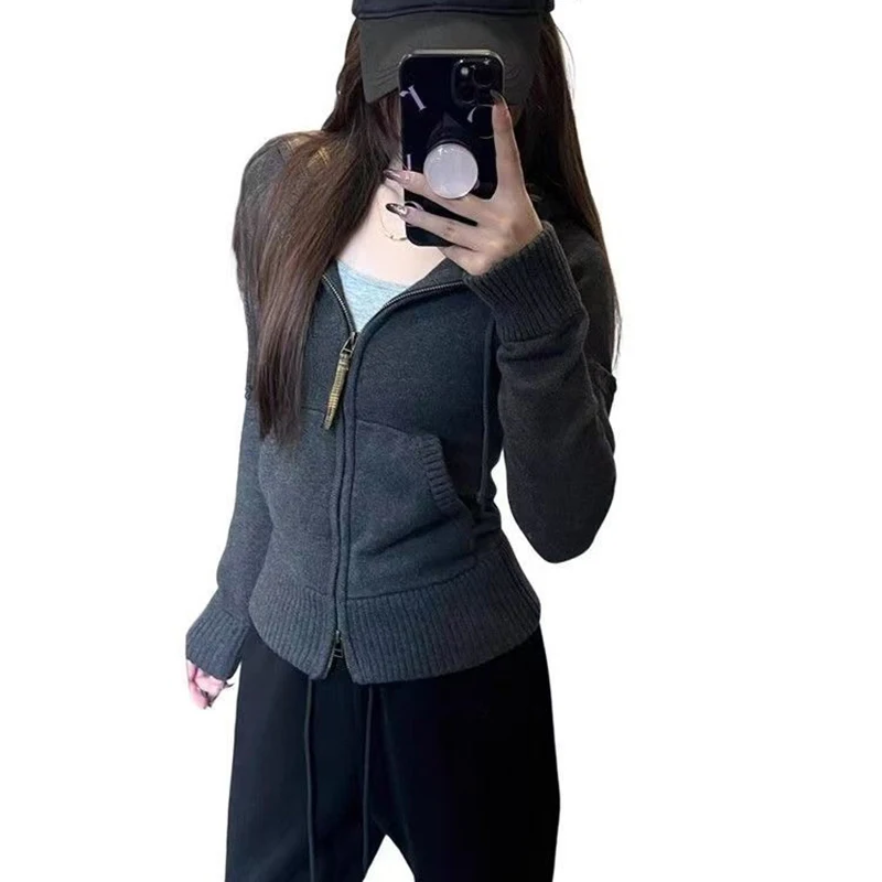 Korean Stretch Slimming Hooded Cardigan Women Retro Versatile Double Zip Up Hoodies Jacket Autumn Casual Warm Knitted Cardigans