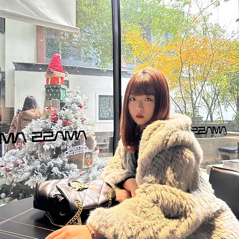 Real Rabbit Fur Hooded Coat Long Sleeve Women Casual Loose Knitted Genuine Fur Jacket With Hood Female Natural Fur Outwear