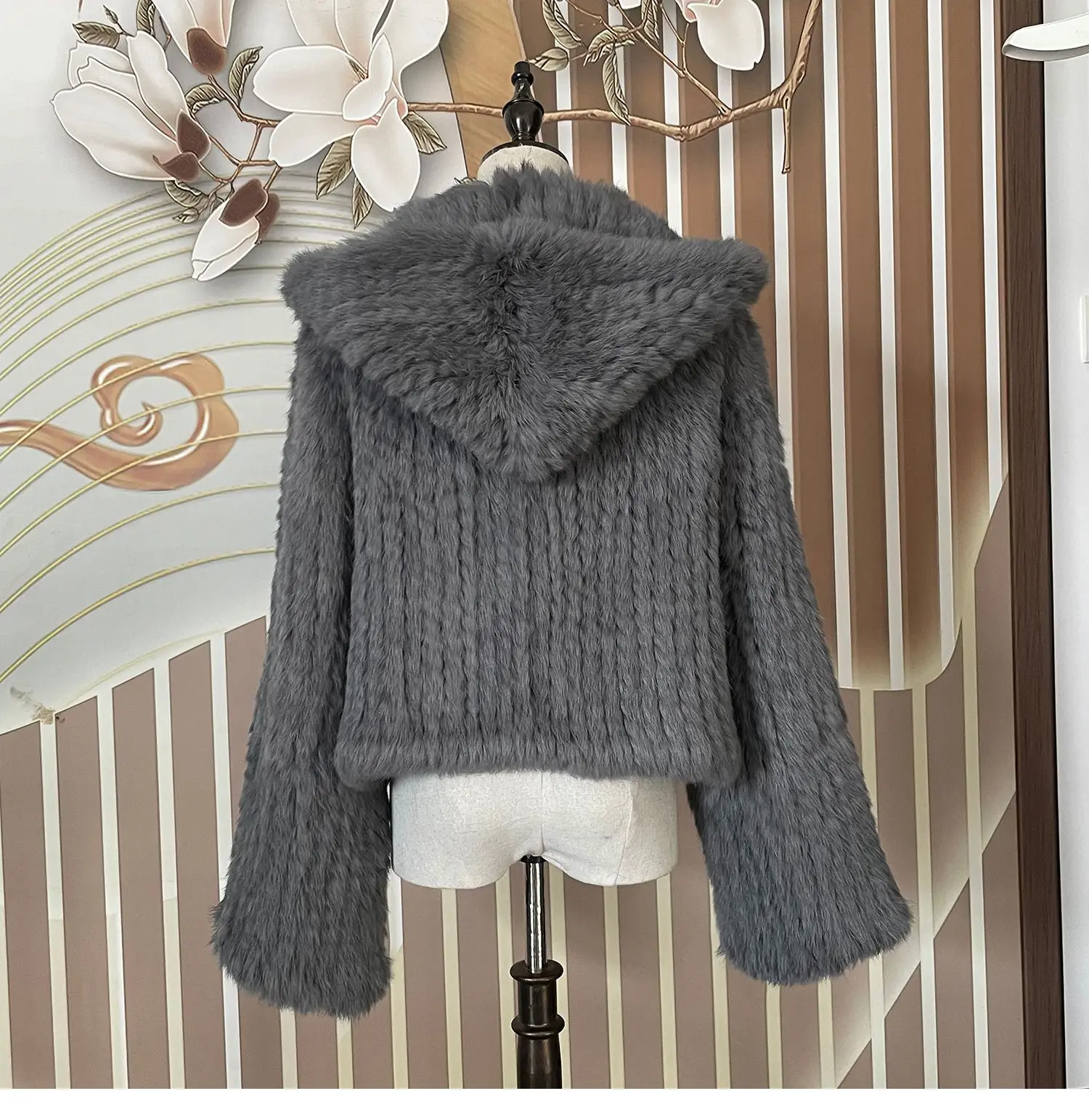 Real Rabbit Fur Hooded Coat Long Sleeve Women Casual Loose Knitted Genuine Fur Jacket With Hood Female Natural Fur Outwear