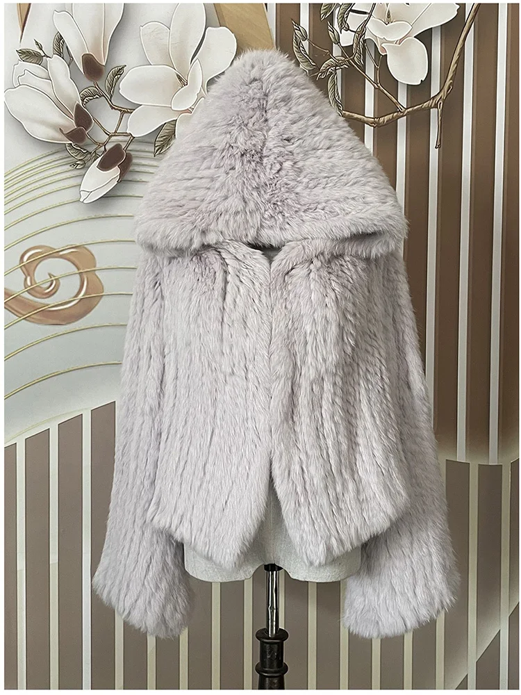 Real Rabbit Fur Hooded Coat Long Sleeve Women Casual Loose Knitted Genuine Fur Jacket With Hood Female Natural Fur Outwear