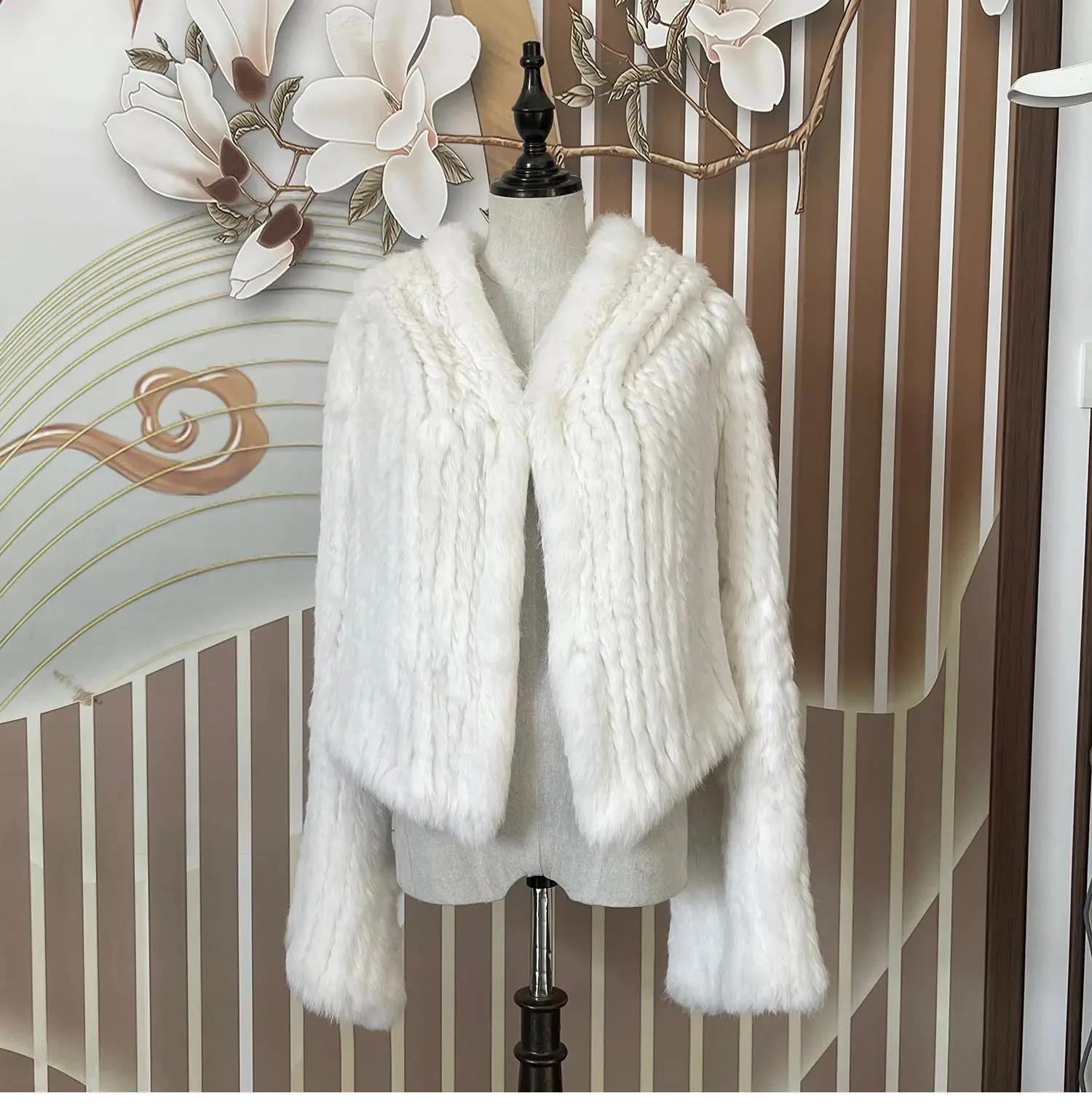 Real Rabbit Fur Hooded Coat Long Sleeve Women Casual Loose Knitted Genuine Fur Jacket With Hood Female Natural Fur Outwear