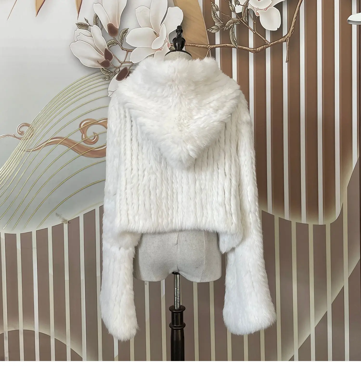 Real Rabbit Fur Hooded Coat Long Sleeve Women Casual Loose Knitted Genuine Fur Jacket With Hood Female Natural Fur Outwear