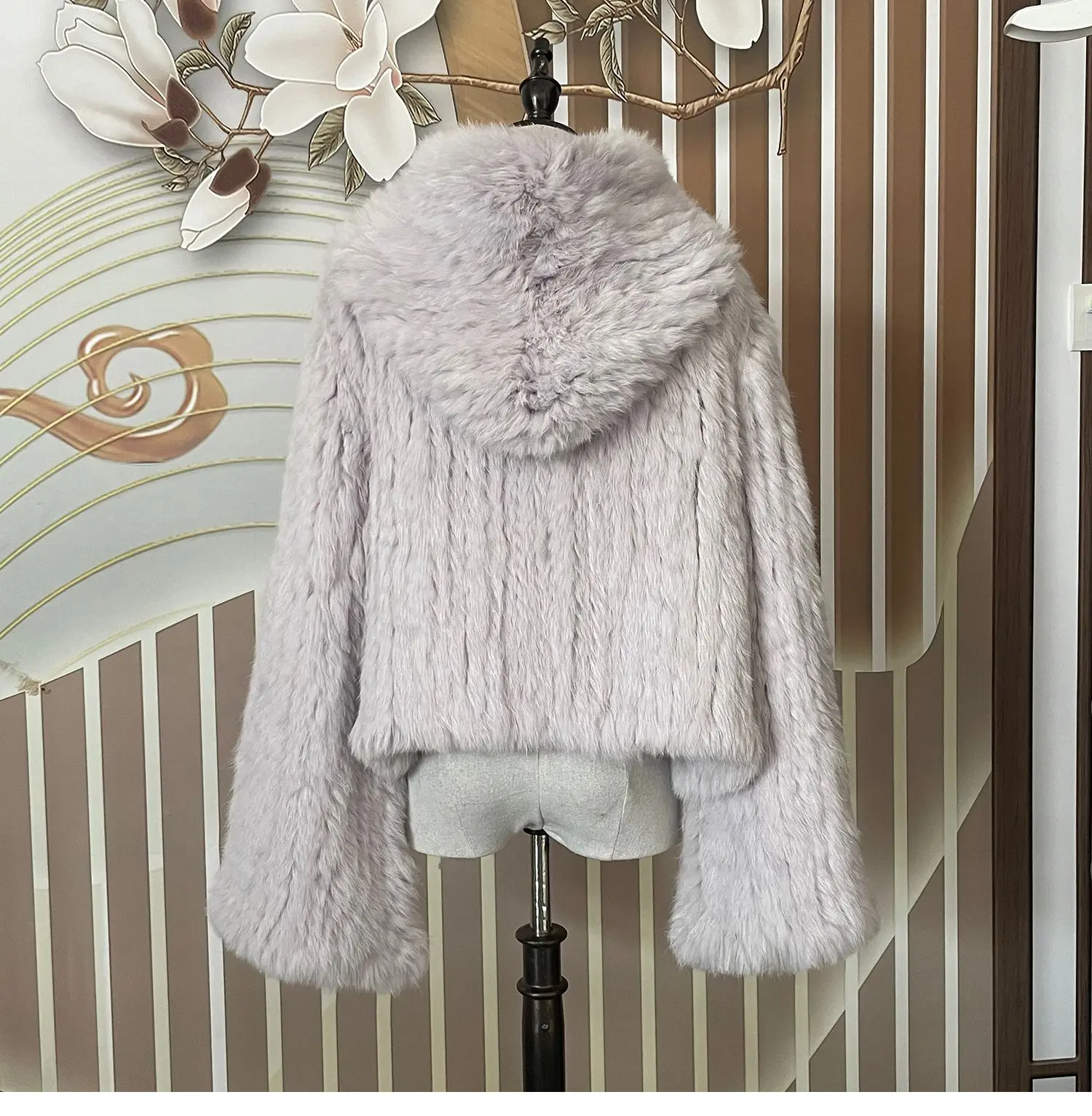 Real Rabbit Fur Hooded Coat Long Sleeve Women Casual Loose Knitted Genuine Fur Jacket With Hood Female Natural Fur Outwear