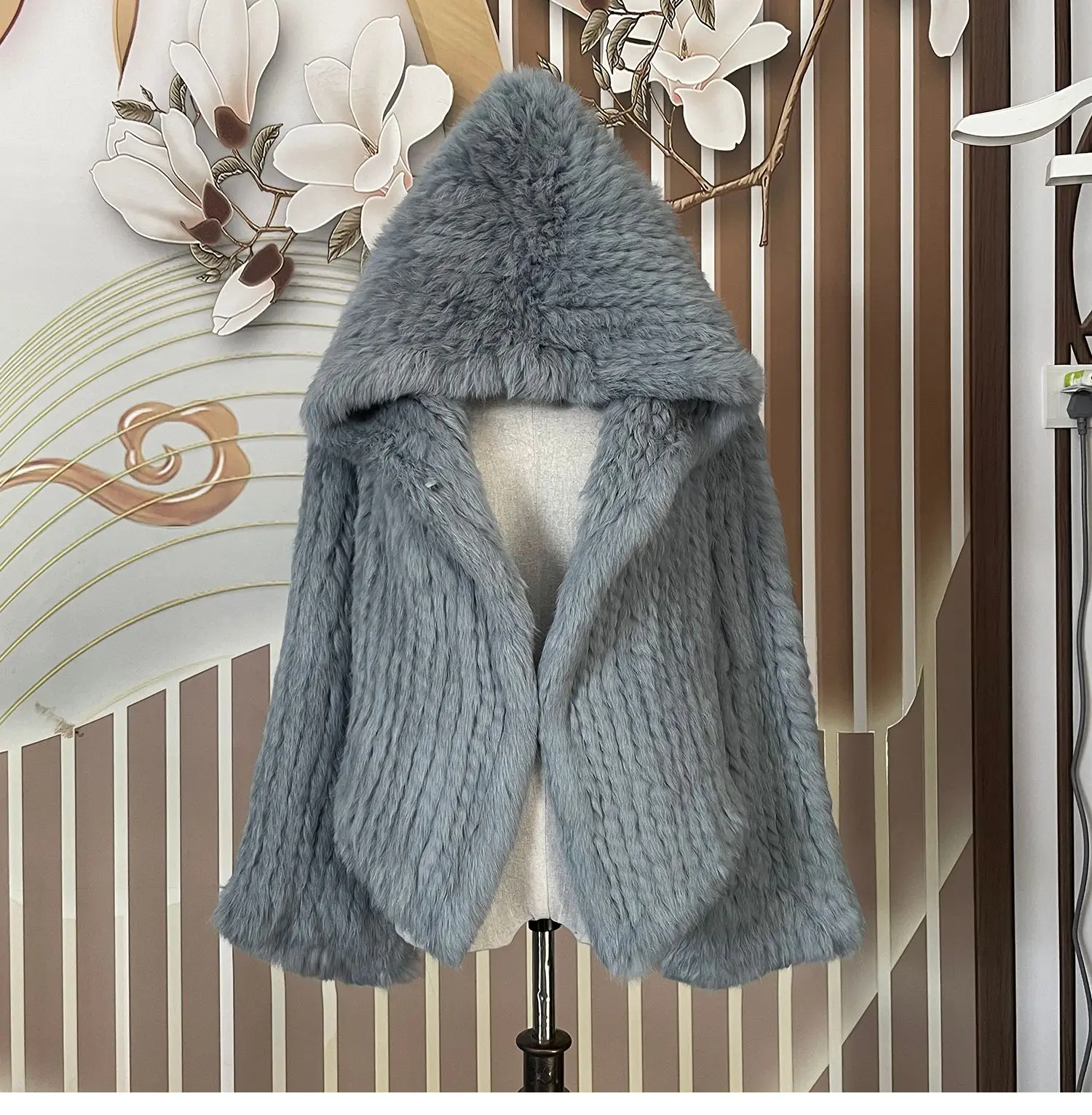 Real Rabbit Fur Hooded Coat Long Sleeve Women Casual Loose Knitted Genuine Fur Jacket With Hood Female Natural Fur Outwear
