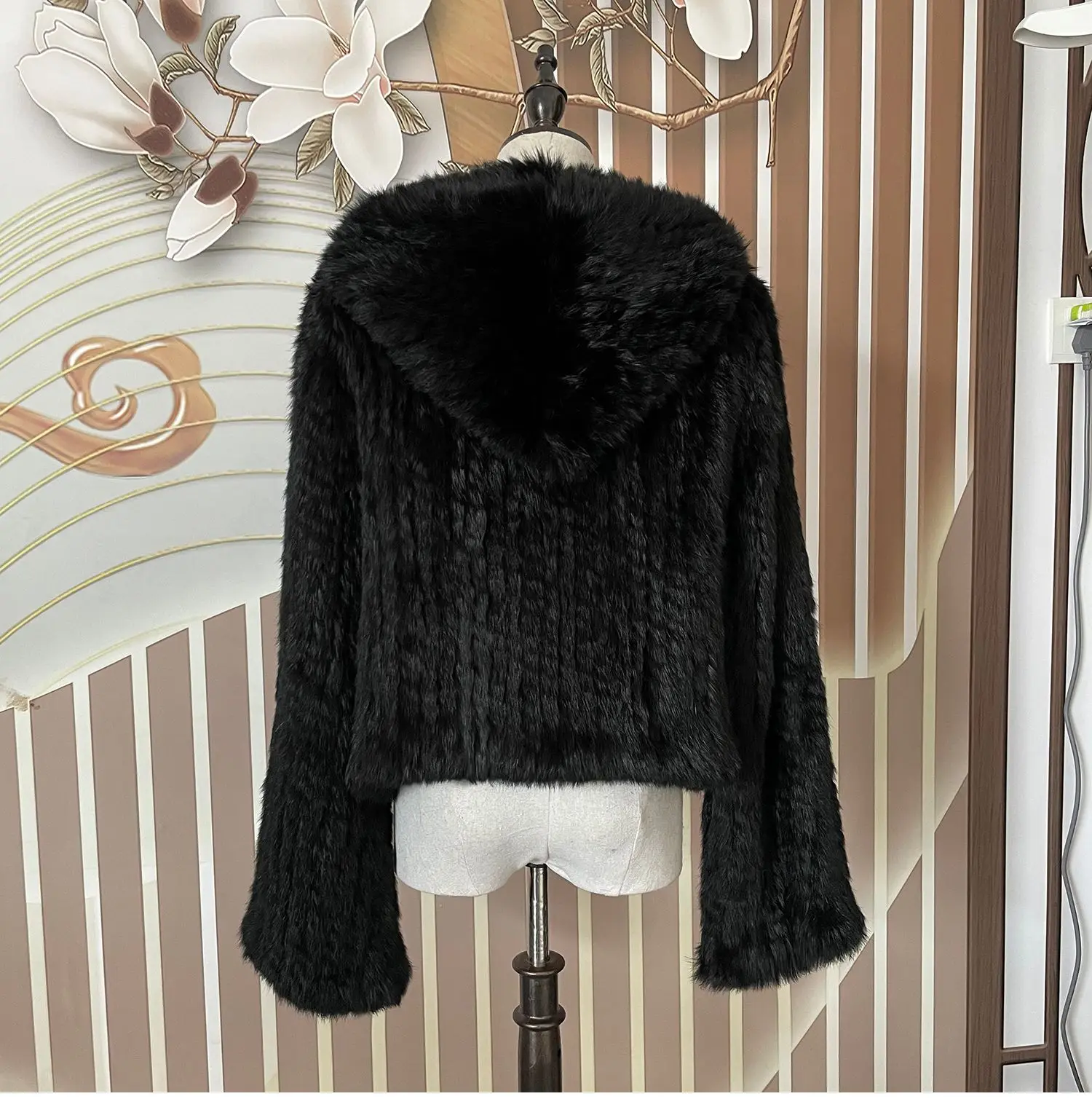 Real Rabbit Fur Hooded Coat Long Sleeve Women Casual Loose Knitted Genuine Fur Jacket With Hood Female Natural Fur Outwear