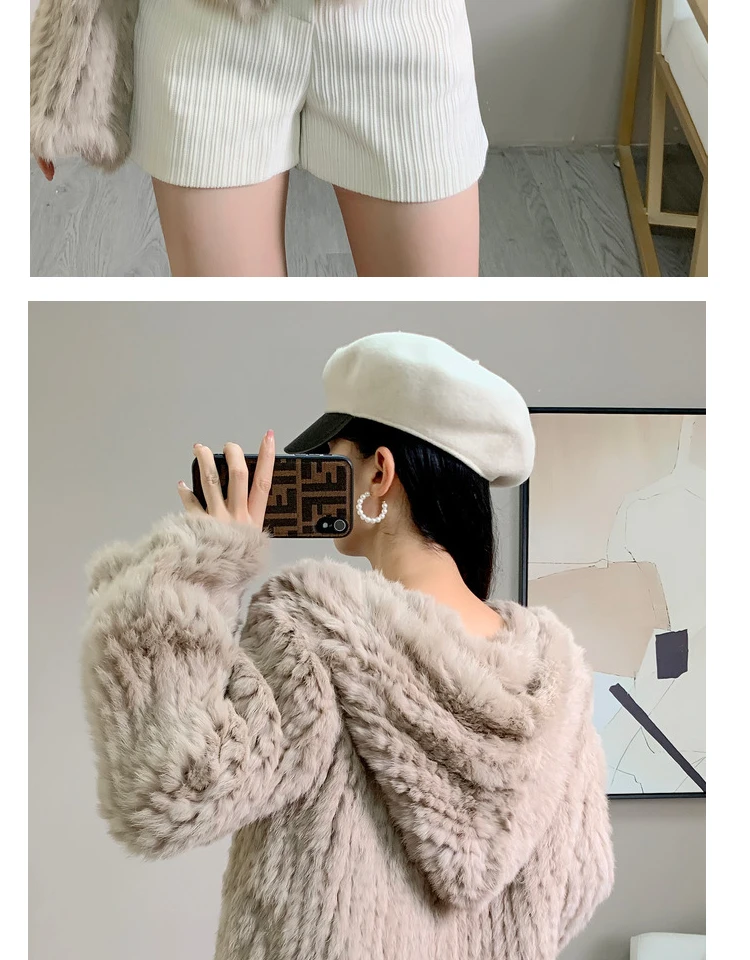 Real Rabbit Fur Hooded Coat Long Sleeve Women Casual Loose Knitted Genuine Fur Jacket With Hood Female Natural Fur Outwear