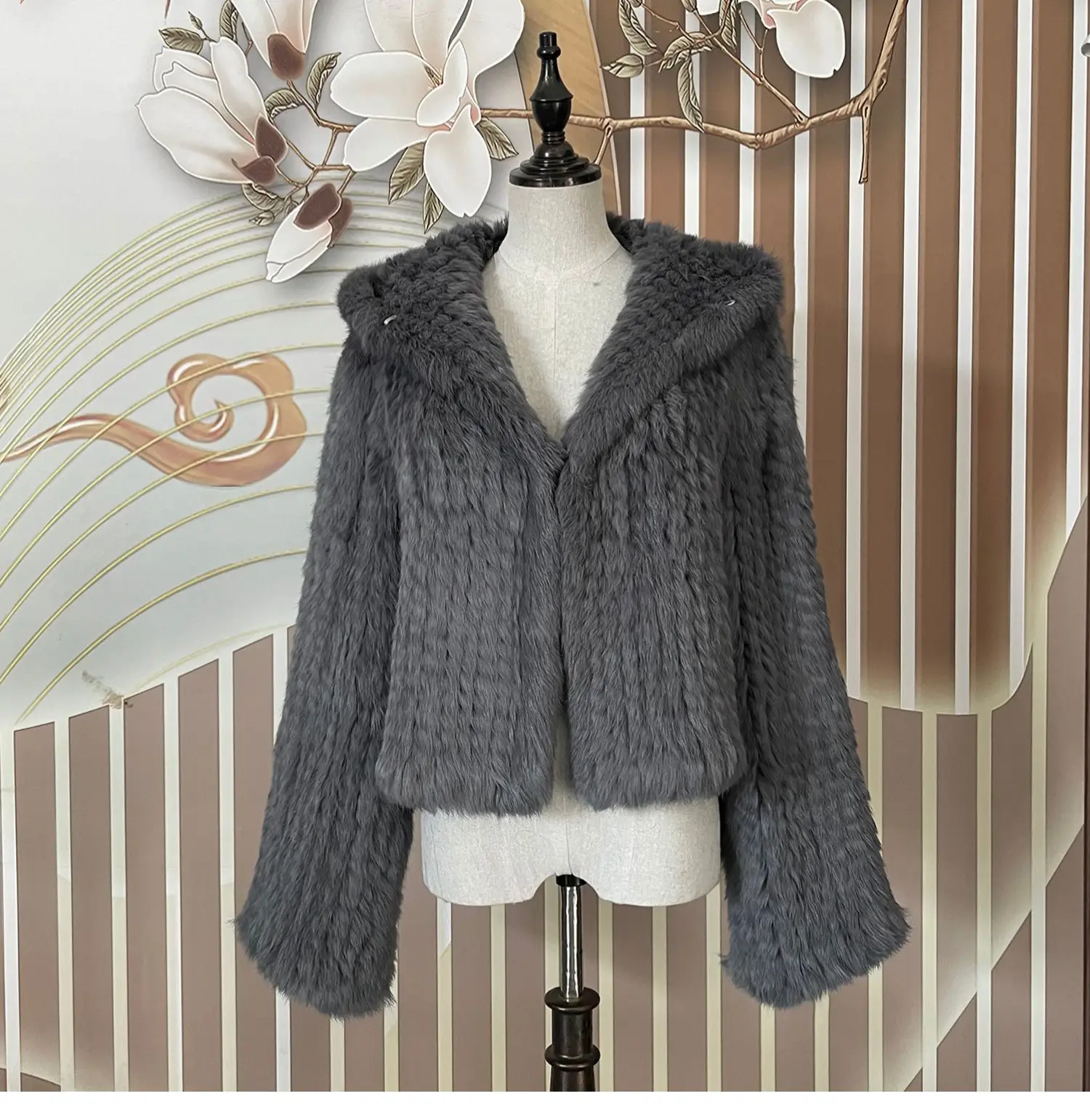 Real Rabbit Fur Hooded Coat Long Sleeve Women Casual Loose Knitted Genuine Fur Jacket With Hood Female Natural Fur Outwear
