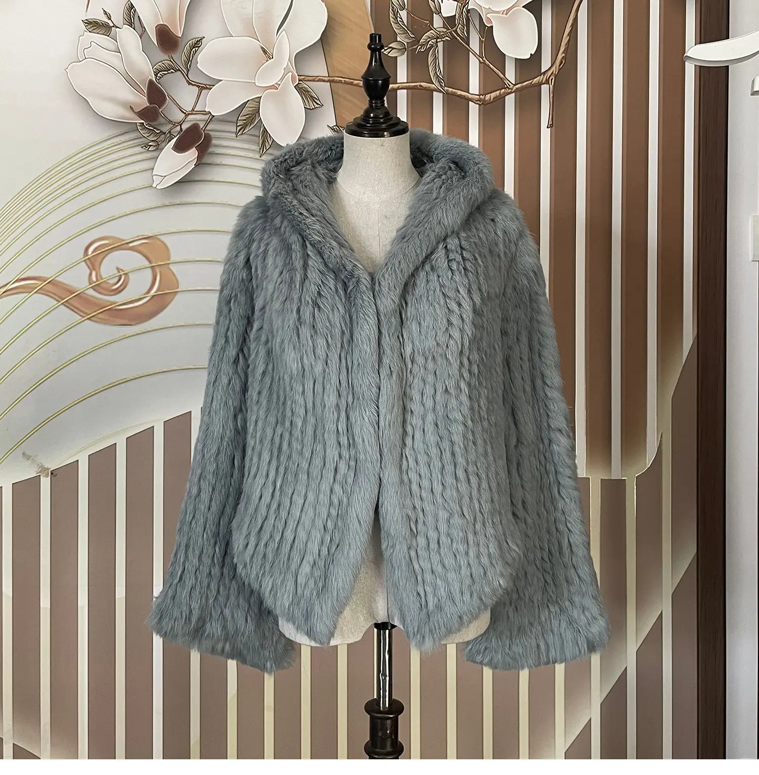 Real Rabbit Fur Hooded Coat Long Sleeve Women Casual Loose Knitted Genuine Fur Jacket With Hood Female Natural Fur Outwear