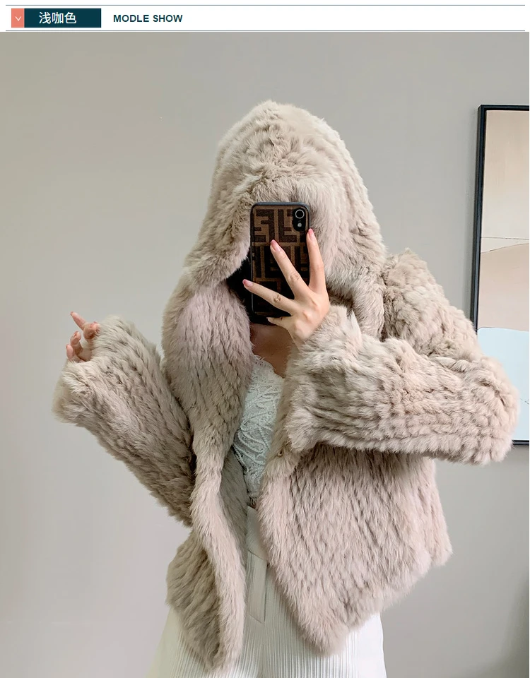 Real Rabbit Fur Hooded Coat Long Sleeve Women Casual Loose Knitted Genuine Fur Jacket With Hood Female Natural Fur Outwear