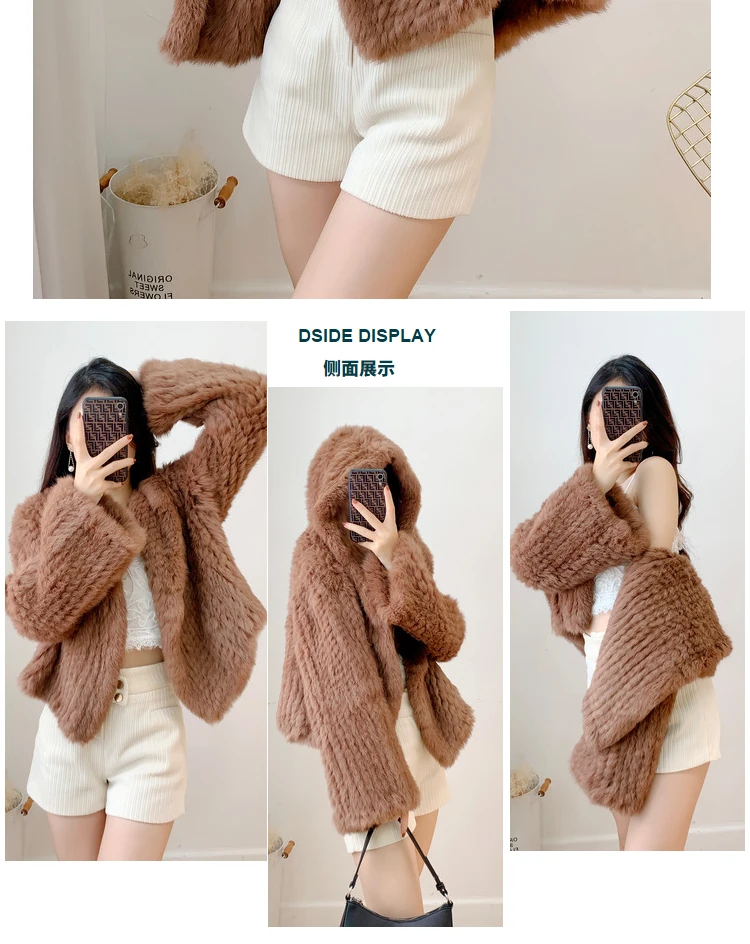 Real Rabbit Fur Hooded Coat Long Sleeve Women Casual Loose Knitted Genuine Fur Jacket With Hood Female Natural Fur Outwear