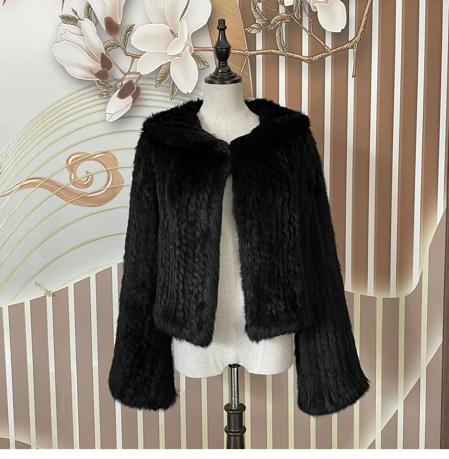 Real Rabbit Fur Hooded Coat Long Sleeve Women Casual Loose Knitted Genuine Fur Jacket With Hood Female Natural Fur Outwear
