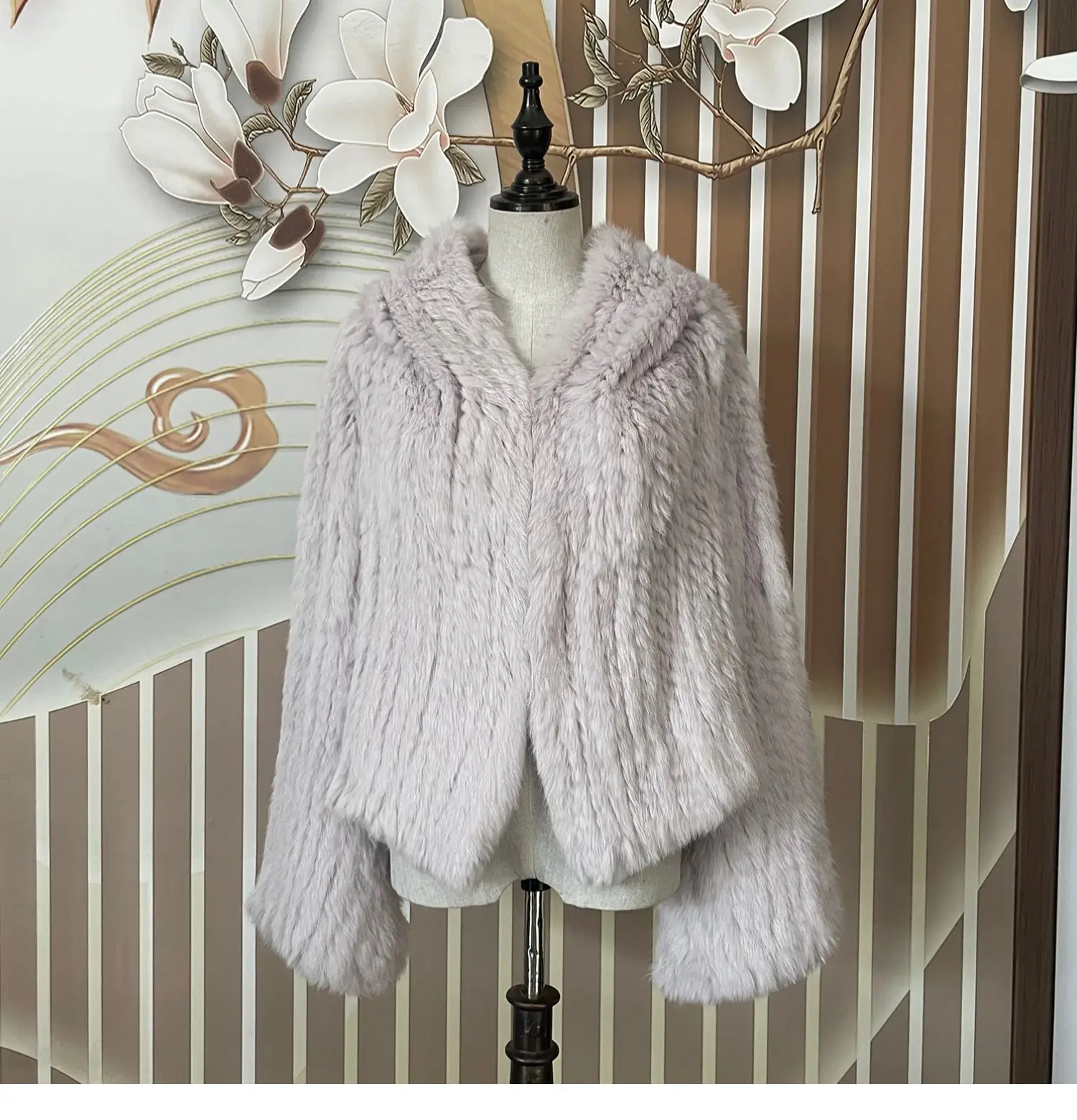 Real Rabbit Fur Hooded Coat Long Sleeve Women Casual Loose Knitted Genuine Fur Jacket With Hood Female Natural Fur Outwear