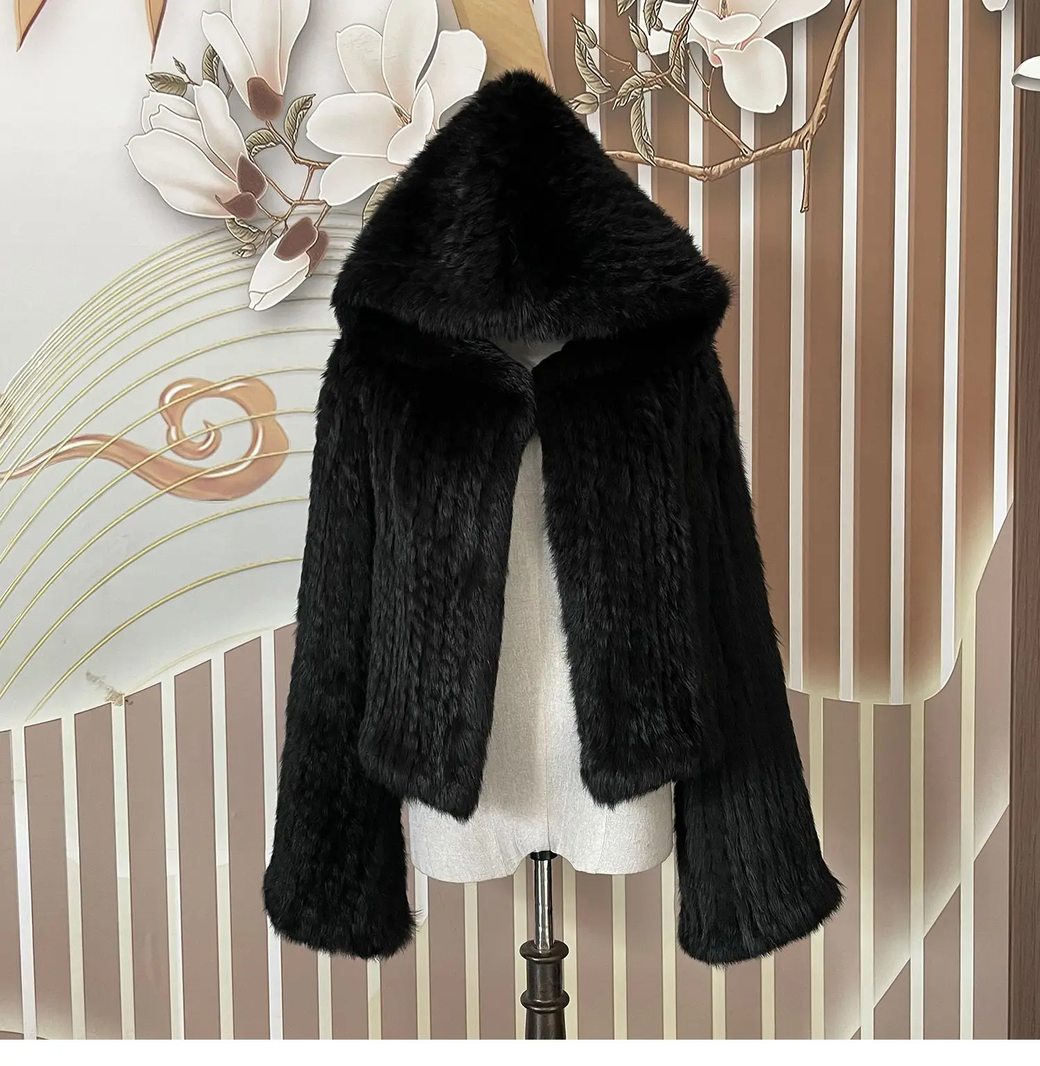 Real Rabbit Fur Hooded Coat Long Sleeve Women Casual Loose Knitted Genuine Fur Jacket With Hood Female Natural Fur Outwear
