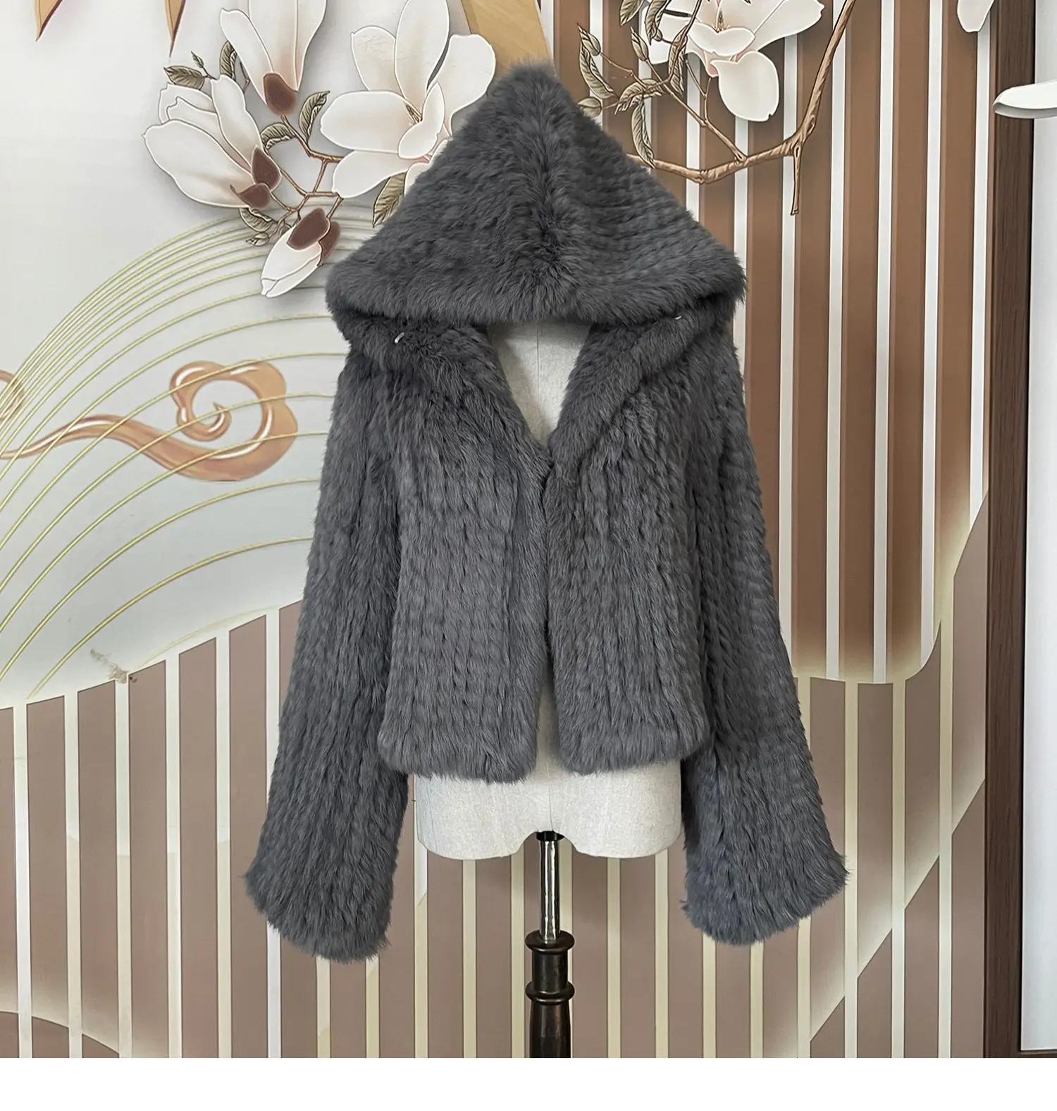 Real Rabbit Fur Hooded Coat Long Sleeve Women Casual Loose Knitted Genuine Fur Jacket With Hood Female Natural Fur Outwear