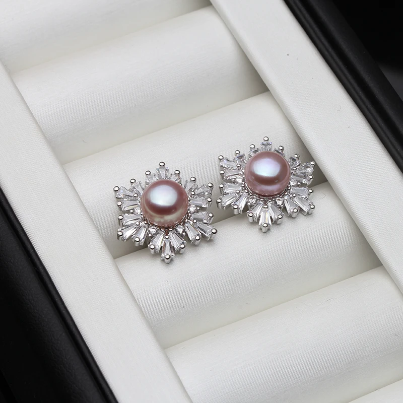 Real Silver 925 Pearl Earrings Woman,Elegant White Natural Freshwater Jewelry Pearl Earring Wife Mother Birthday Gift Pink