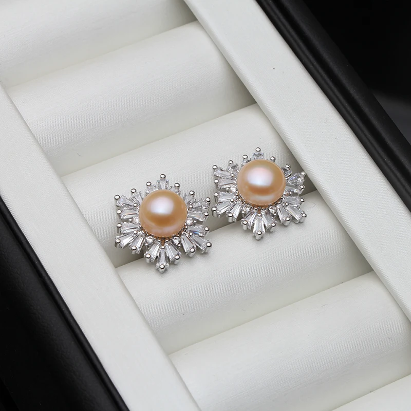 Real Silver 925 Pearl Earrings Woman,Elegant White Natural Freshwater Jewelry Pearl Earring Wife Mother Birthday Gift Pink
