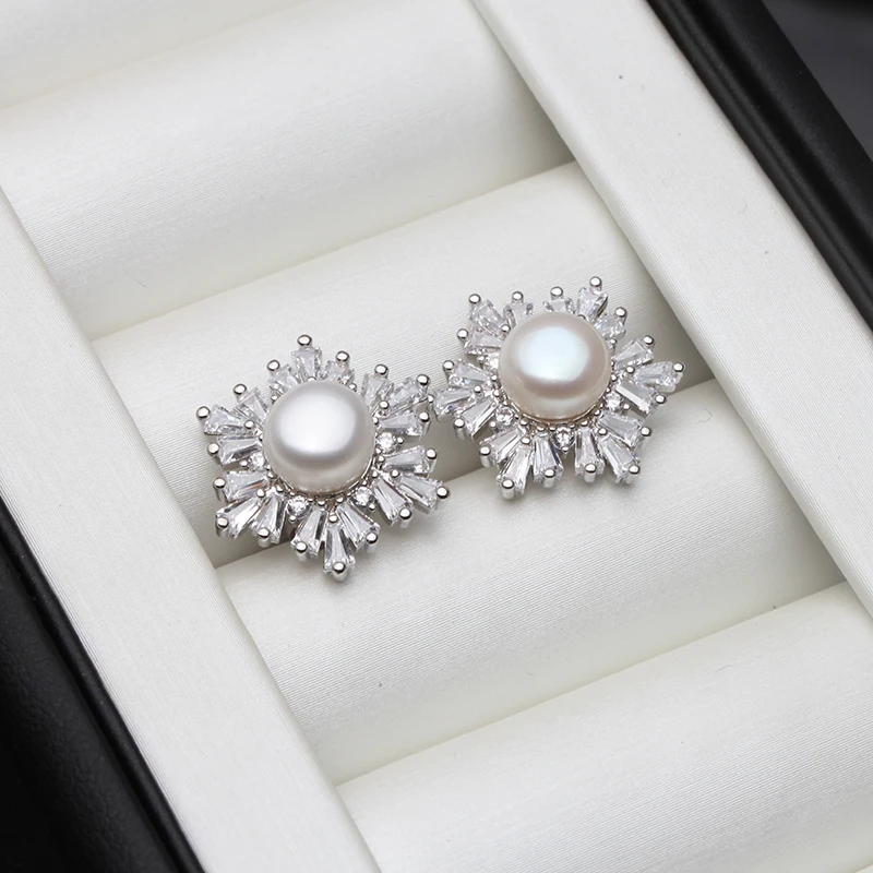 Real Silver 925 Pearl Earrings Woman,Elegant White Natural Freshwater Jewelry Pearl Earring Wife Mother Birthday Gift Pink