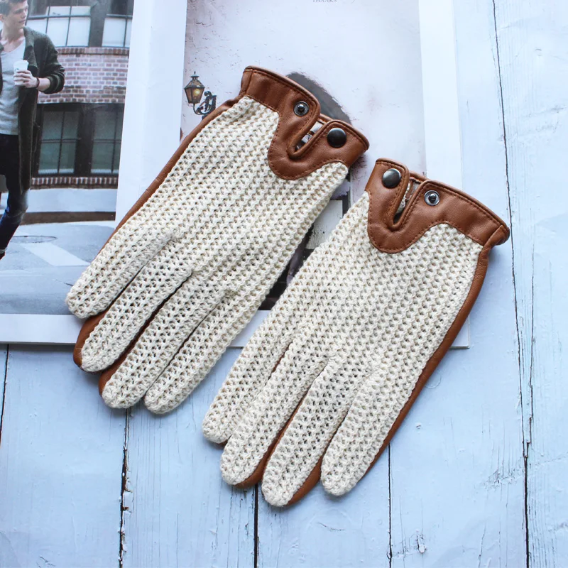High Quality New Leather Men's Driving Non-Slip Gloves Touch Screen Sheepskin Knitted Breathable Riding Motorcycle Gloves