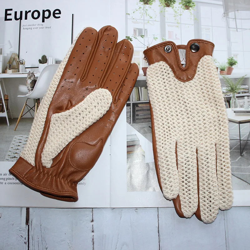 High Quality New Leather Men's Driving Non-Slip Gloves Touch Screen Sheepskin Knitted Breathable Riding Motorcycle Gloves