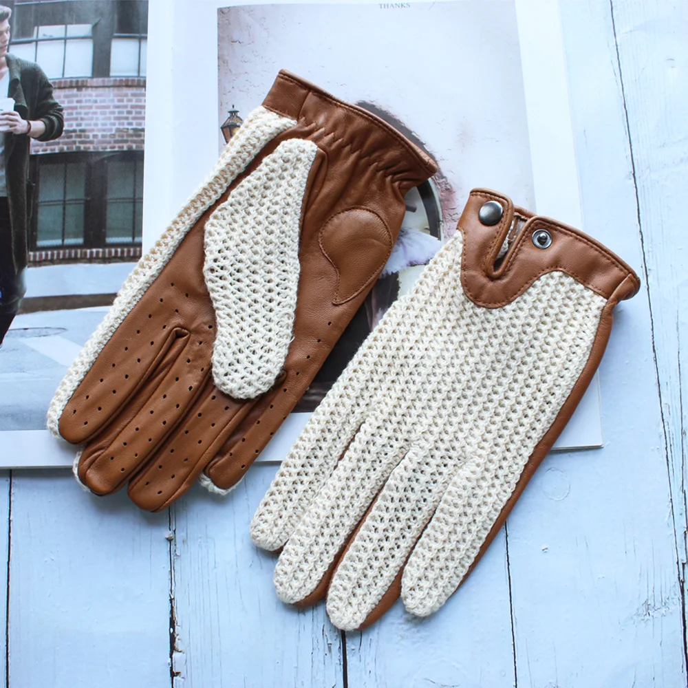 High Quality New Leather Men's Driving Non-Slip Gloves Touch Screen Sheepskin Knitted Breathable Riding Motorcycle Gloves