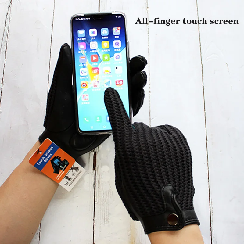 High Quality New Leather Men's Driving Non-Slip Gloves Touch Screen Sheepskin Knitted Breathable Riding Motorcycle Gloves