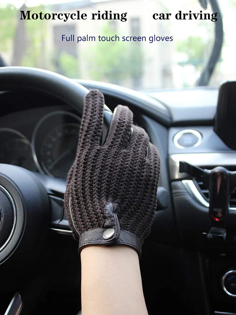 High Quality New Leather Men's Driving Non-Slip Gloves Touch Screen Sheepskin Knitted Breathable Riding Motorcycle Gloves