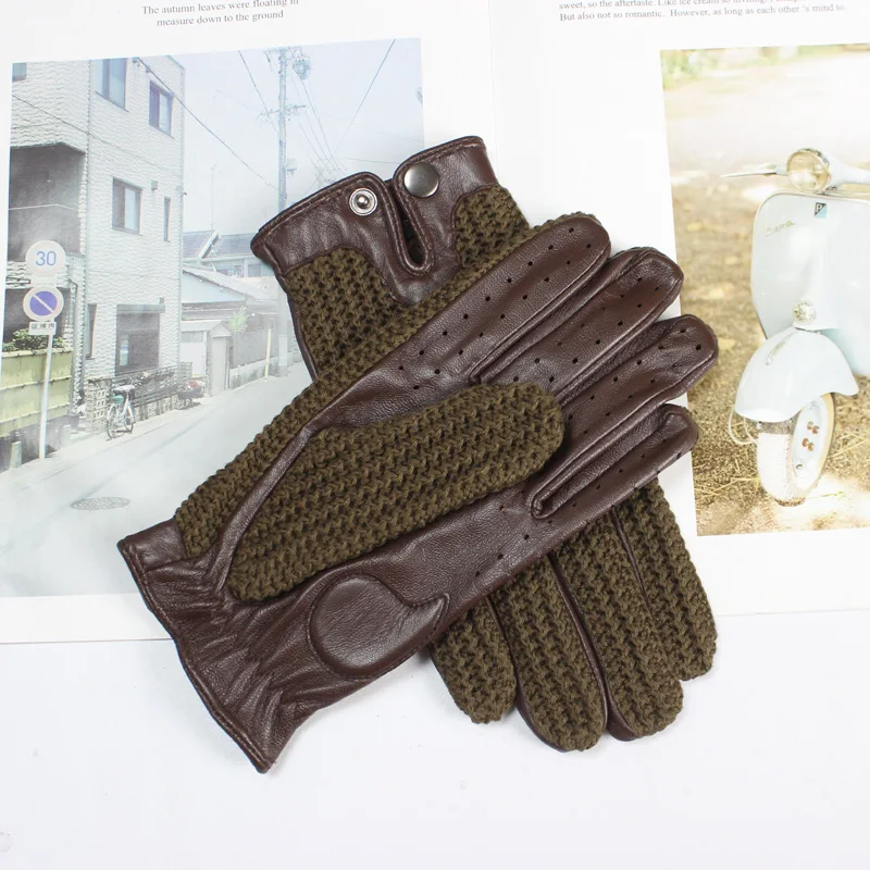 High Quality New Leather Men's Driving Non-Slip Gloves Touch Screen Sheepskin Knitted Breathable Riding Motorcycle Gloves