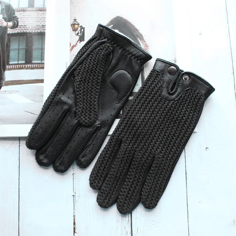 High Quality New Leather Men's Driving Non-Slip Gloves Touch Screen Sheepskin Knitted Breathable Riding Motorcycle Gloves