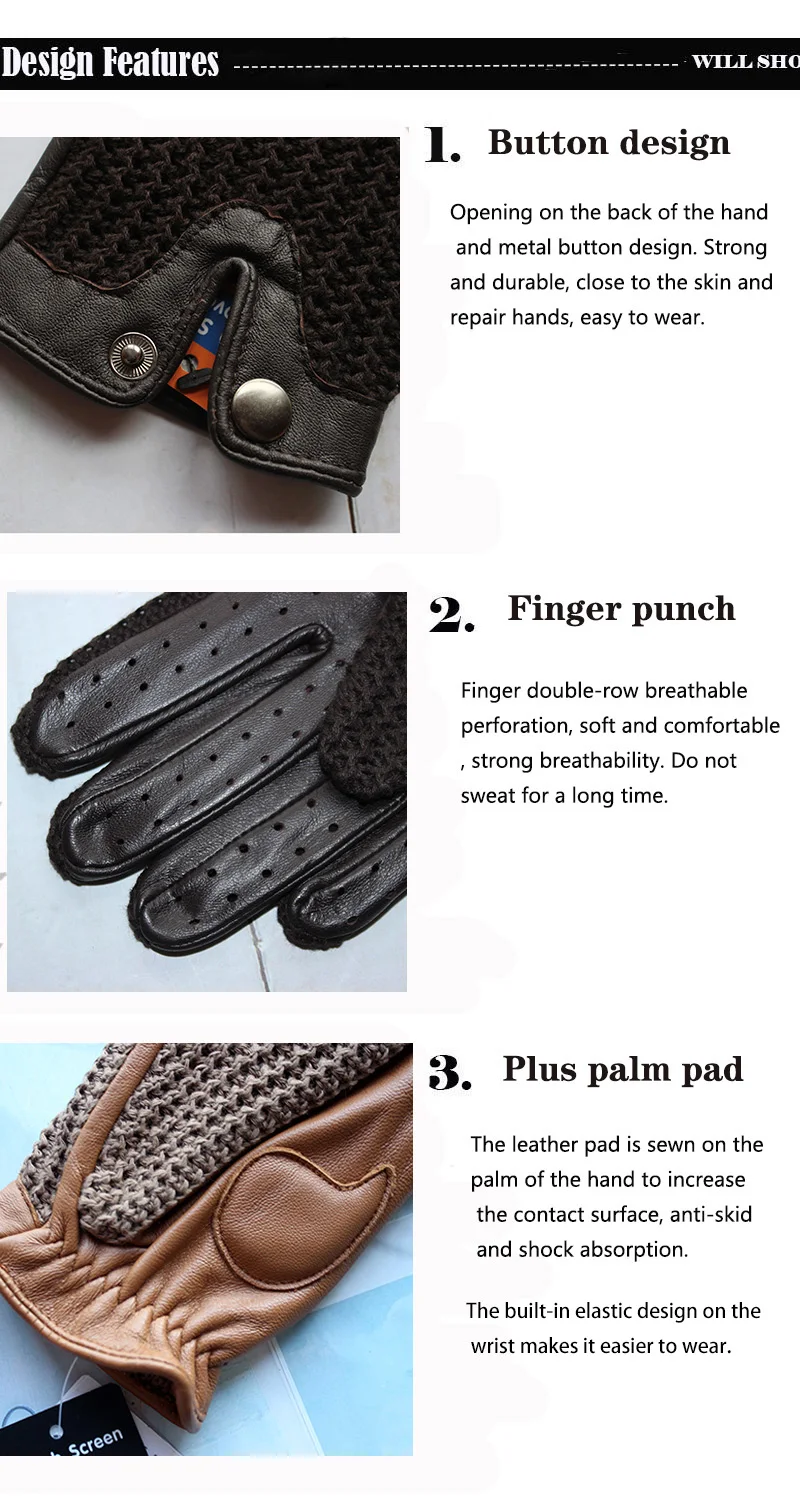 High Quality New Leather Men's Driving Non-Slip Gloves Touch Screen Sheepskin Knitted Breathable Riding Motorcycle Gloves