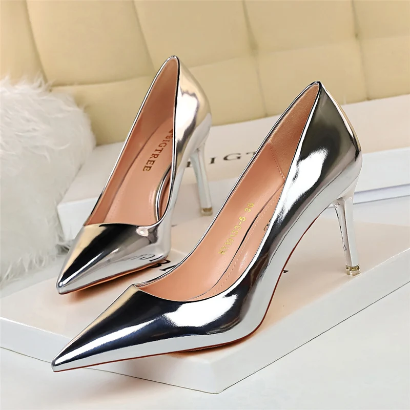 Women Patent Leather Pumps 7.5cm 10.5cm High Heels Lady Stiletto Low Heels Wedding Bridal Mteallic Silver Gold Sparkly Shoes