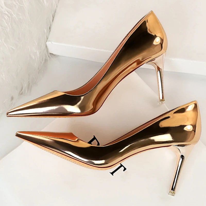 Women Patent Leather Pumps 7.5cm 10.5cm High Heels Lady Stiletto Low Heels Wedding Bridal Mteallic Silver Gold Sparkly Shoes