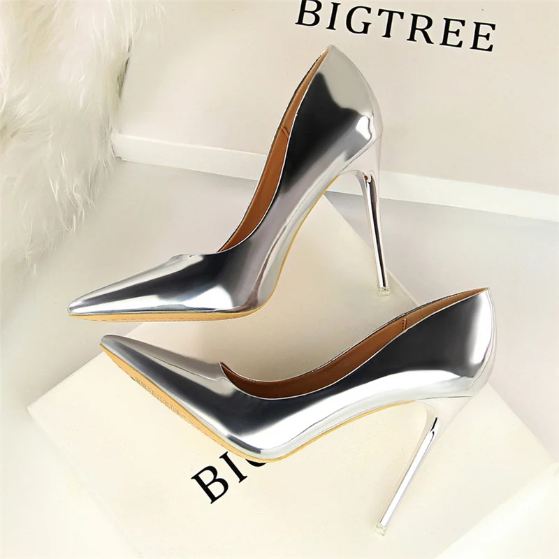 Women Patent Leather Pumps 7.5cm 10.5cm High Heels Lady Stiletto Low Heels Wedding Bridal Mteallic Silver Gold Sparkly Shoes