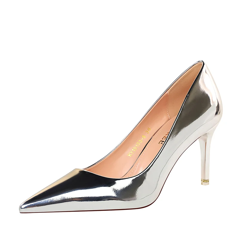 Women Patent Leather Pumps 7.5cm 10.5cm High Heels Lady Stiletto Low Heels Wedding Bridal Mteallic Silver Gold Sparkly Shoes