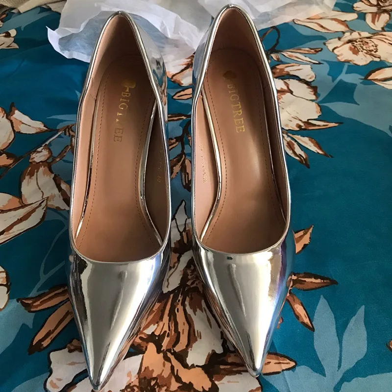 Women Patent Leather Pumps 7.5cm 10.5cm High Heels Lady Stiletto Low Heels Wedding Bridal Mteallic Silver Gold Sparkly Shoes