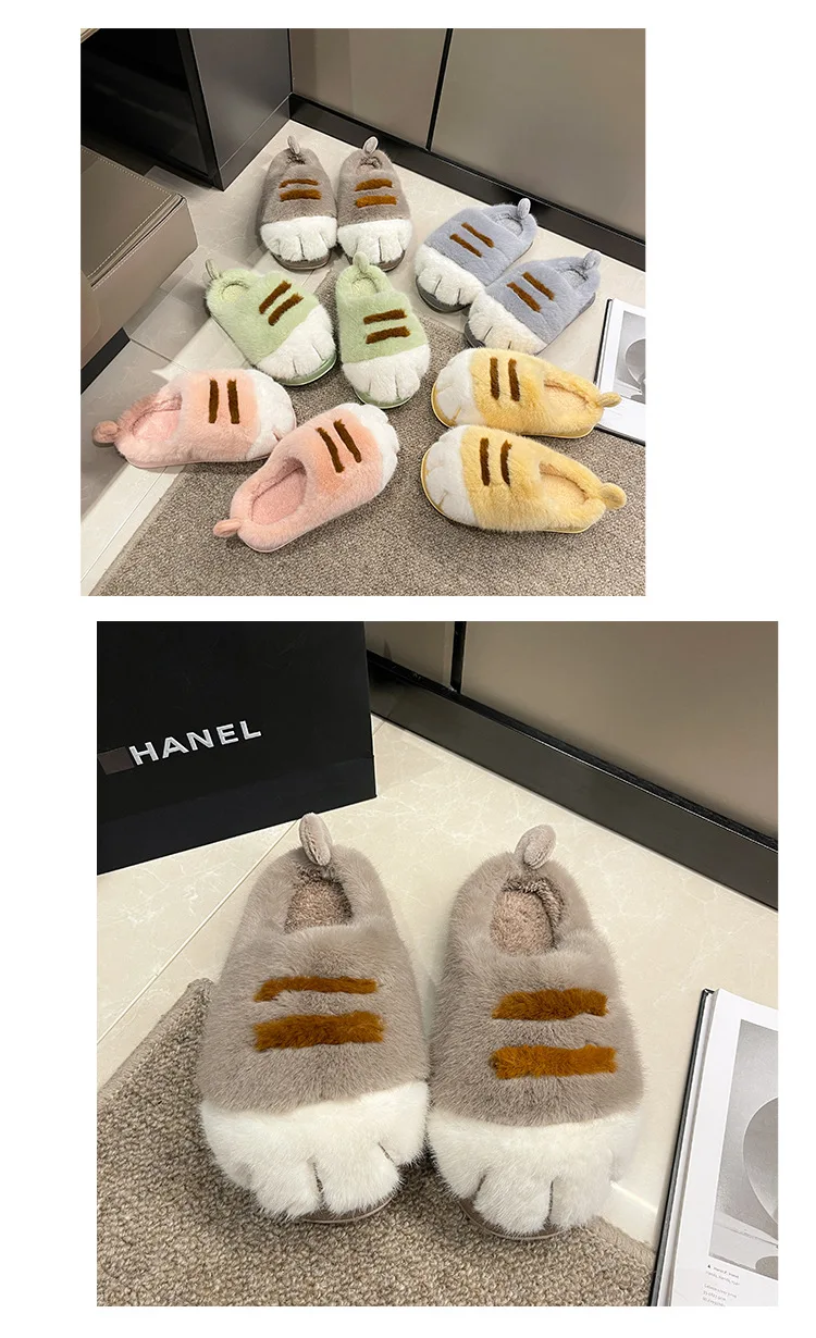 Ins Cat Paw Slippers Adults Winter Flip Flops Men Warm Fur Slides Fluffy Kitten Fuzzy House Shoes Unisex Animal Claw Slipper Man
