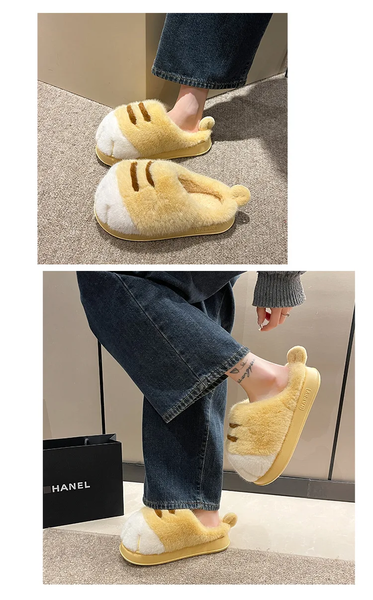 Ins Cat Paw Slippers Adults Winter Flip Flops Men Warm Fur Slides Fluffy Kitten Fuzzy House Shoes Unisex Animal Claw Slipper Man